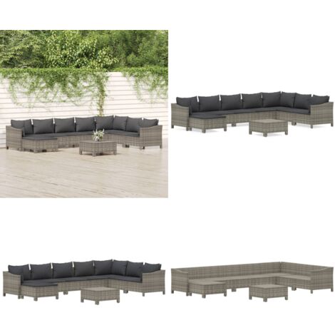 Salon de jardin 9 pcs avec coussins Gris Résine tressée - Salon De Jardin - Mobilier De Jardin - Set De Salon Extérieur - Meubles De Jardin - Chaise Lounge - Home & Living