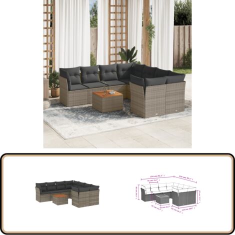 Salon de jardin 9 pcs avec coussins gris résine tressée - Salon De Jardin - Mobilier Extérieur - Salon D'extérieur - Set De Salon - Chaise Longue