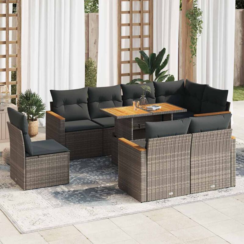 vidaXL Salon de jardin avec coussins 9 pcs gris résine tressée acacia