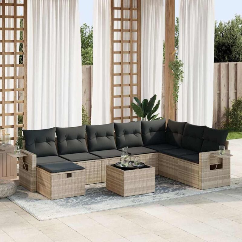 Salon de jardin 9 pcs avec coussins gris clair résine tressée - Vidaxl