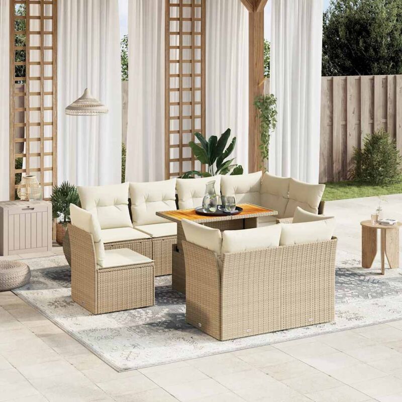 Salon de jardin avec coussins 9 pcs beige résine tressée Vidaxl