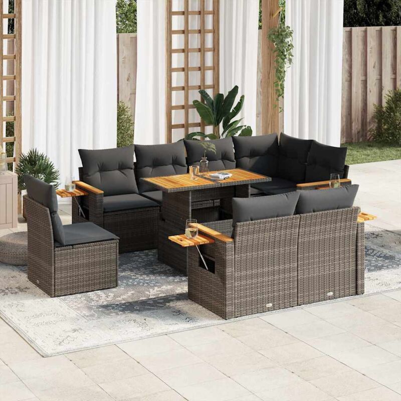 Salon de jardin avec coussins 9 pcs gris résine tressée acacia Vidaxl