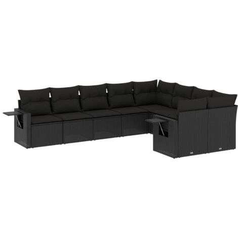 Salon de jardin 9 pcs avec coussins noir résine tressée