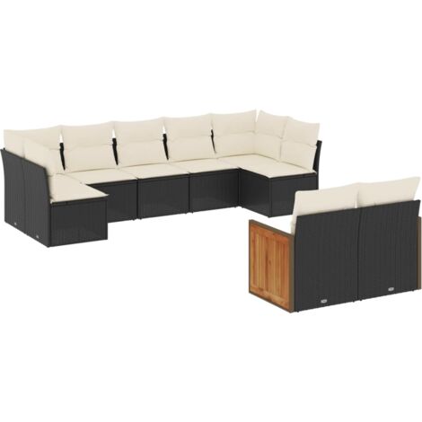 Salon de jardin 9 pcs avec coussins noir résine tressée