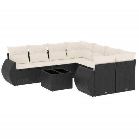 Salon de jardin 9 pcs avec coussins noir résine tressée