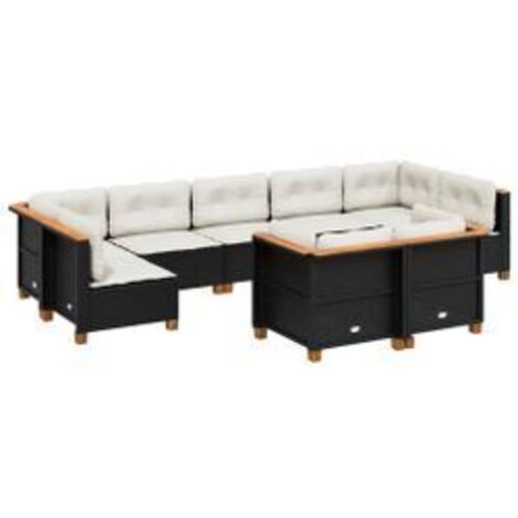 Salon de jardin 9 pcs avec coussins noir résine tressée