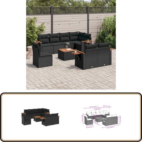 Salon de jardin 9 pcs avec coussins noir résine tressée - Ensemble Salon De Jardin - Meuble Extérieur - Canapé Jardin - Rotin Synthétique - Résine Tressée