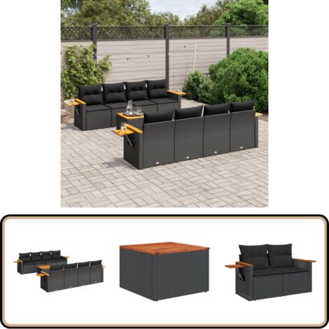 Salon de jardin 9 pcs avec coussins noir résine tressée - Ensemble Salon De Jardin - Meuble Extérieur - Jardin Design - Mobilier De Jardin - Chaise Lounge