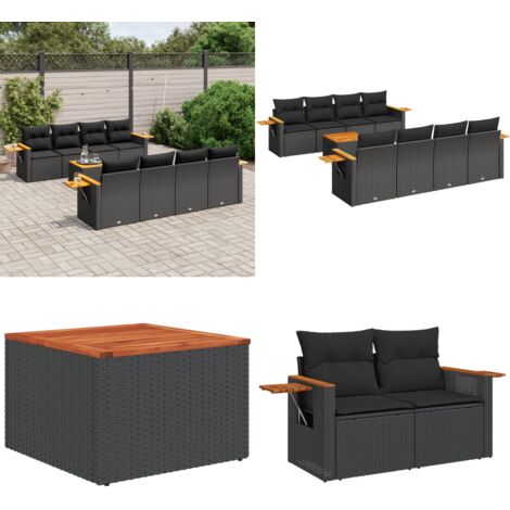 Salon de jardin 9 pcs avec coussins noir résine tressée - Ensemble Salon De Jardin - Meuble Extérieur - Jardin Design - Mobilier De Jardin - Chaise Lounge - Home & Living