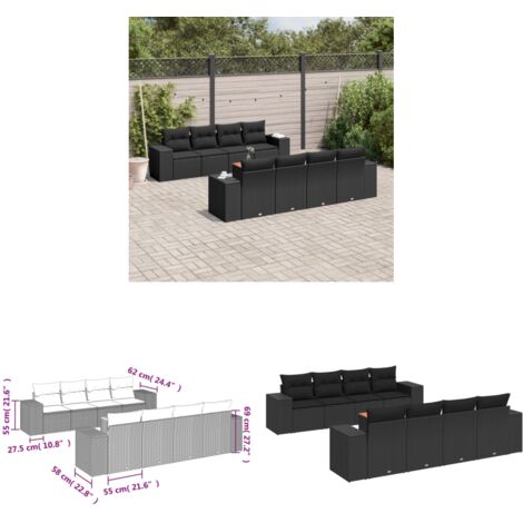 Salon de jardin 9 pcs avec coussins noir résine tressée - Ensemble Salon De Jardin - Meuble Extérieur - Résine Tressée - Rotin Synthétique - Fauteuil De Jardin - Home & Living