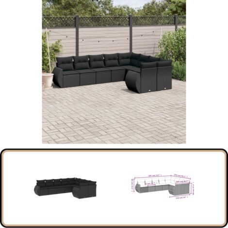 Salon de jardin 9 pcs avec coussins noir résine tressée - Ensemble Salon De Jardin - Mobilier De Jardin - Canapé Extérieur - Set Salon - Chaise Longue