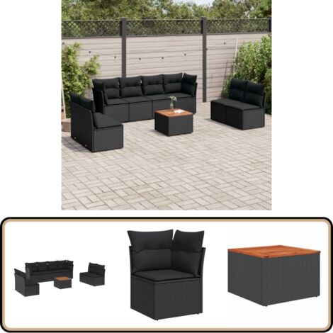 Salon de jardin 9 pcs avec coussins noir résine tressée - Ensemble Salon De Jardin - Mobilier De Jardin - Canapé Extérieur - Table Basse Jardin - Chaise Lounge