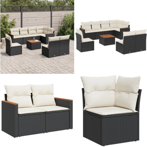 Salon de jardin 9 pcs avec coussins noir résine tressée - Ensemble Salon De Jardin - Mobilier De Jardin - Canapé Extérieur - Table De Jardin - Chaise Lounge - Home & Living
