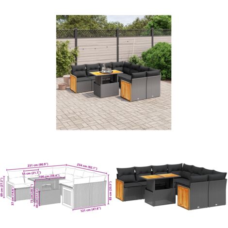Salon de jardin 9 pcs avec coussins noir résine tressée - Ensemble Salon De Jardin - Mobilier De Jardin - Table Extensible - Chaise Lounge - Fauteuil Extérieur - Home & Living