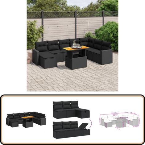 Salon de jardin 9 pcs avec coussins noir résine tressée - Ensemble Salon De Jardin - Mobilier Extérieur - Jardin Design - Set Salon - Chaise Longue