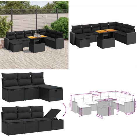 Salon de jardin 9 pcs avec coussins noir résine tressée - Ensemble Salon De Jardin - Mobilier Extérieur - Jardin Design - Set Salon - Chaise Longue - Home & Living