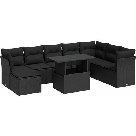 Salon de jardin 9 pcs avec coussins noir résine tressée vidaXL