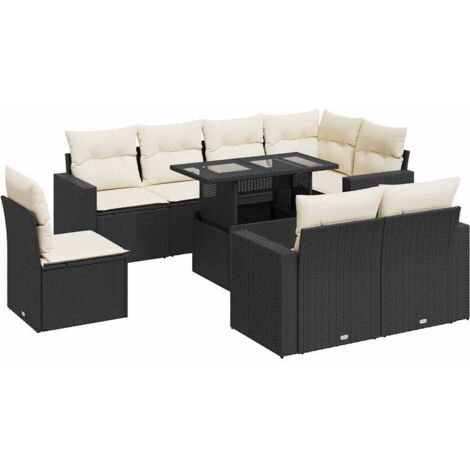 Salon de jardin 9 pcs avec coussins noir résine tressée vidaXL