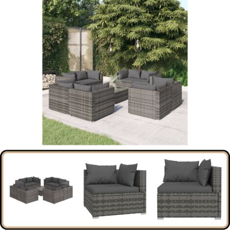 Salon de jardin 9 pcs avec coussins Résine tressée Gris - Salon De Jardin - Meuble De Jardin - Ensemble De Meubles De Jardin - Mobilier De Jardin - Résine Tressée