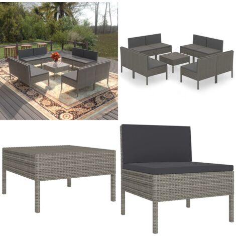 Salon de jardin 9 pcs avec coussins Résine tressée Gris - Salon De Jardin - Mobilier De Jardin - Set De Jardin - Meubles D'extérieur - Résine Tressée - Home & Living