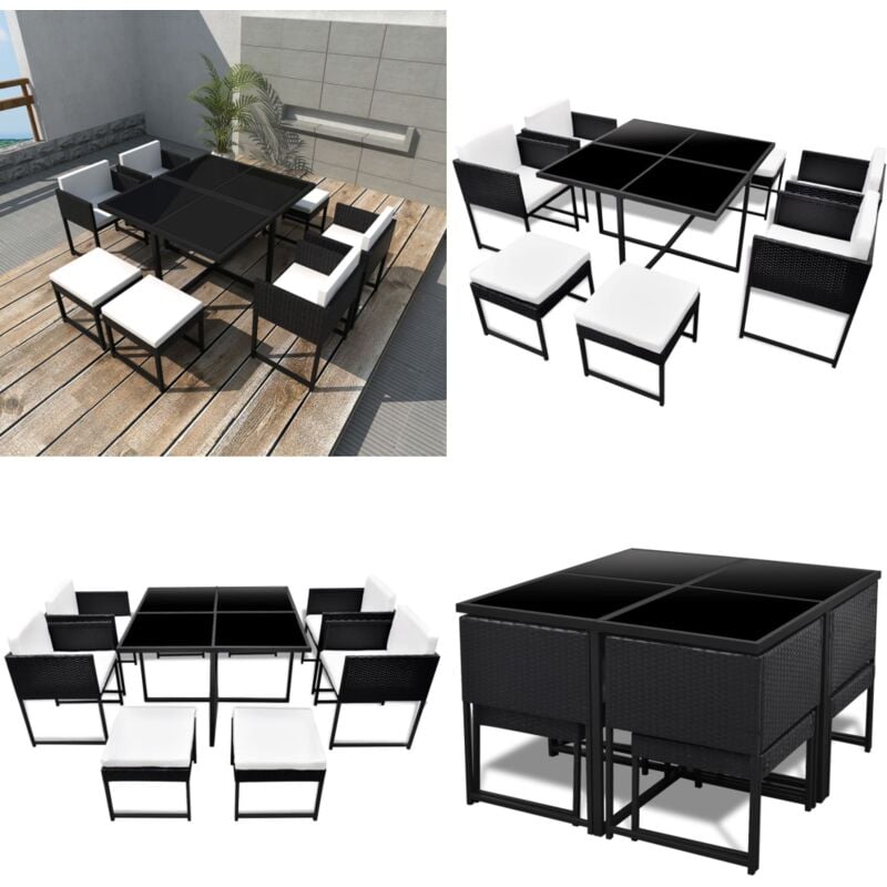 Ensemble à manger d'extérieur 9pcs coussins Résine tressée Noir - Salon De Jardin - Meubles De Jardin - Set De Repas Extérieur - Table De Jardin