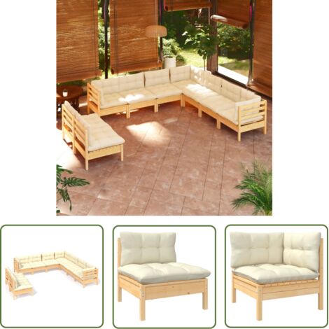 Salon de jardin 9 pcs Contemporain, Ensemble repas de jardin, avec coussins crème Bois de pin massif OIB8680E