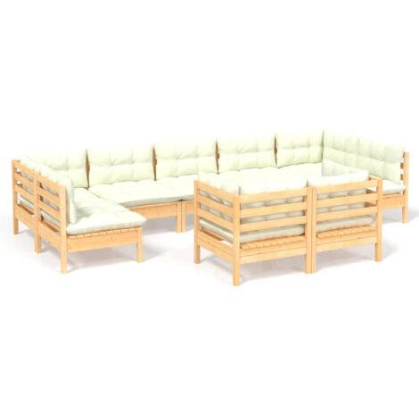 Salon de jardin 9 pcs Contemporain, Ensemble repas de jardin, avec coussins crème Bois de pin solide OIB6881E