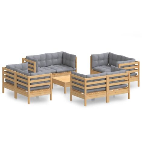 Salon de jardin 9 pcs Contemporain, Ensemble repas de jardin, avec coussins gris Bois de pin OIB9801E