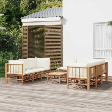 Salon de jardin 9 pcs - Ensemble Table et Chaise de Jardin - avec coussins blanc crème bambou BV144800 - BonneVie
