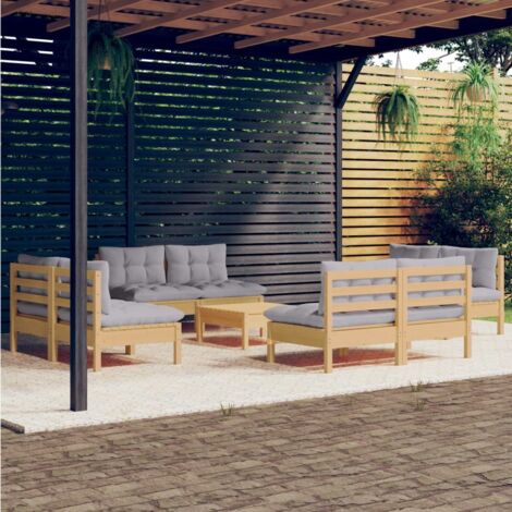 Salon de jardin 9 pcs Ensemble Table et Chaise de Jardin - avec coussins gris Bois de pin BV247360 - BonneVie