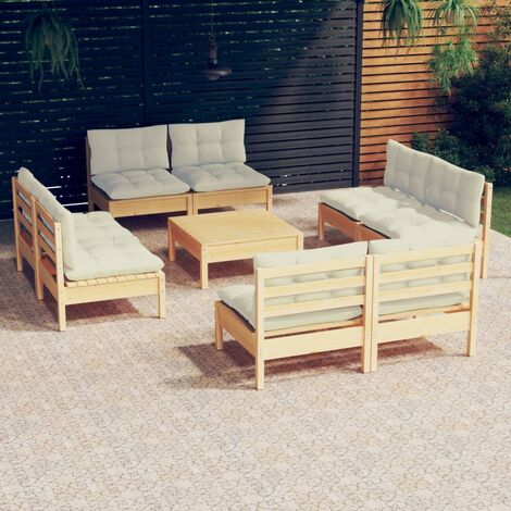 Salon de jardin 9 pcs  Meuble de jardin Mobilier de jardin avec coussins crème Bois de pin 41079
