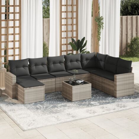 Salon de Jardin 9 Pièces en Résine Tressée Gris Clair avec Coussins et Table en Verre Trempé - Ensemble Modulaire Confortable