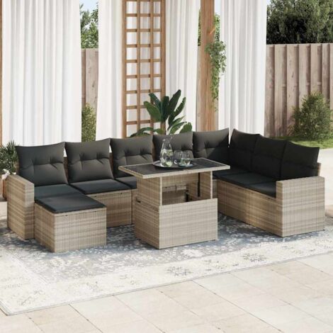 Salon de jardin 9 pièces en résine tressée gris clair avec coussins gris foncé et rangements imperméables - Ensemble canapé, table et repose-pieds