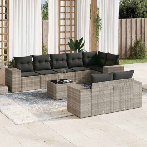 Salon de Jardin 9 pièces en Résine Tressée Gris Clair avec Table en Verre et Coussins Gris Foncés