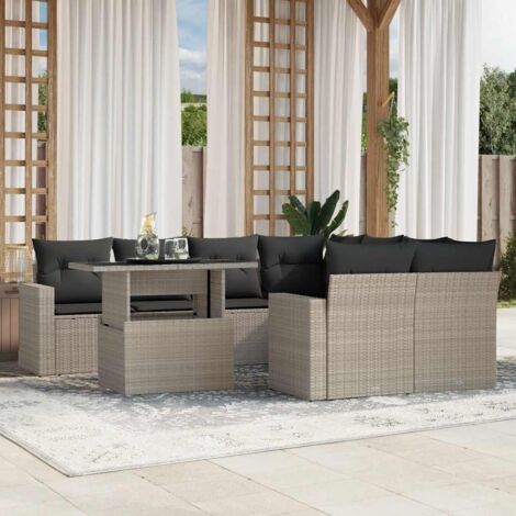 Salon de jardin 9 pièces en résine tressée gris clair - Canapé modulable avec table réglable et coussins anthracite lavables