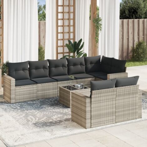 Salon de Jardin 9 Pièces en Résine Tressée Gris Clair  Ensemble modulaire avec coffre de rangement, table verre et coussins amovibles