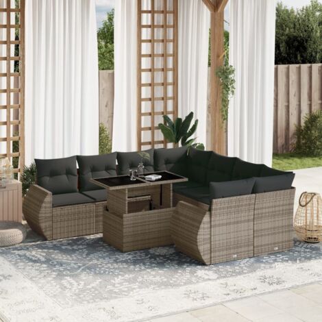 Salon de jardin 9 pièces en résine tressée grise avec table extensible, coussins amovibles et design modulaire