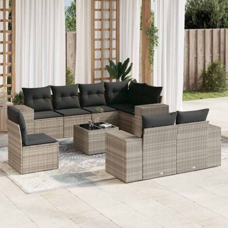 Salon de jardin 9 pièces gris clair en résine tressée, avec verre trempé et coffre de rangement