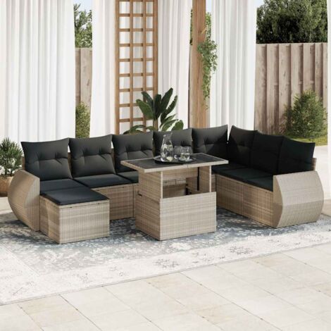 Salon de Jardin 9 Pièces Résine Tressée Gris Clair avec Coussins, Table Réglable et Espaces de Rangement
