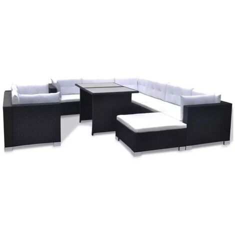 Salon de jardin 9 pièces résine tressée noir et coussins blanc Kim