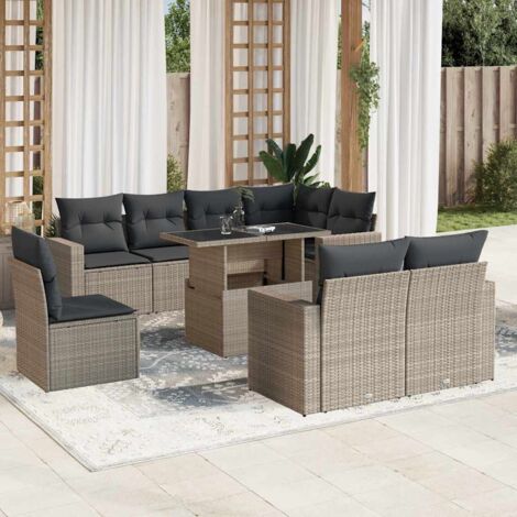 Salon de Jardin 9 pièces Tressé Résine Gris Clair, Modulaire avec Table Réglable et Coussins Lavables