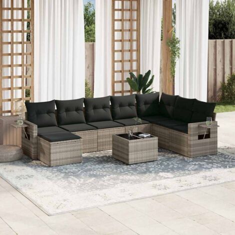 [Salon de Jardin 9 Places] Élémentaire - Set Complet en Résine Tressée Gris Clair avec Table en Verre Trempé, Coussins et Tabouret