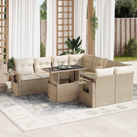 Salon de Jardin 9 Places en Résine Tressée Beige avec Coussins - Ensemble Canapé d'Extérieur avec Table Modulable et Espaces de Rangement