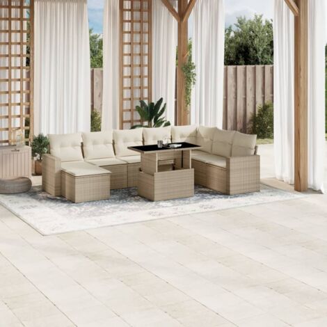 Salon de Jardin 9 Places en Résine Tressée Beige avec Coussins - Ensemble Modulaire avec Table à Hauteur Réglable et Housses Lavables