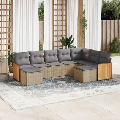 Salon de Jardin 9 Places en Résine Tressée Beige avec Coussins Gris - Ensemble Modulaire Canapé d'Angle et Fauteuils