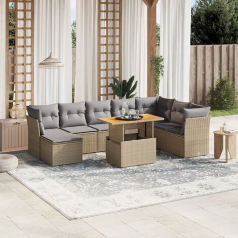 Salon de Jardin 9 Places en Résine Tressée Beige avec Coussins Gris - Ensemble Modulaire Table et Pouf