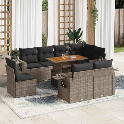 Salon de jardin 9 places en résine tressée gris avec table extensible et rangements