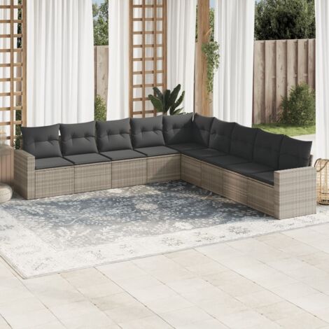 Salon de jardin 9 places en résine tressée gris clair avec coussins et rangement intégré, modules modulables pour terrasse