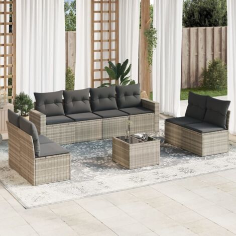 Salon de jardin 9 places en résine tressée gris clair, avec table en verre et coussins gris foncé amovibles