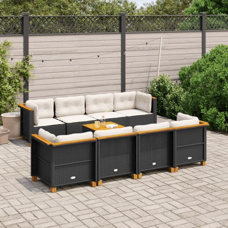 Salon de jardin 9 places en résine tressée noir avec coussins crème - 8 sièges modulables + table acacia - Meuble extérieur patio